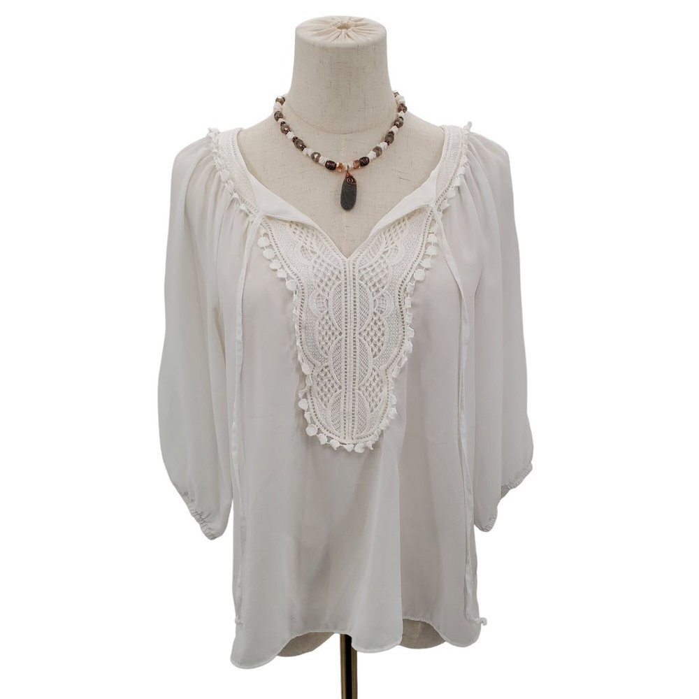 BCX Womens Slit Sleeve Embroidered Blouse Top Sz S White Short Sleeve‎ Career